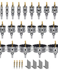 Beefy Heavy Duty Carbide TCT Hole Saw Kit 15Pcs With 2 Drill Bits for metal cutting. Includes different sizes and hex keys.
