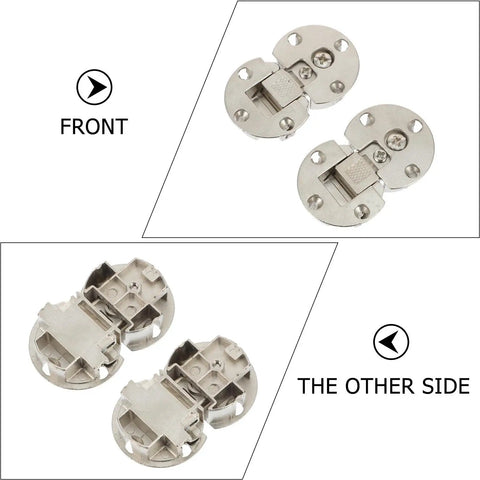 Two-Pack Zinc Alloy Folding Table Hinges with large opening angles, front and back views for smooth, quiet operation.
