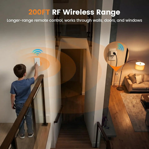 Child using the remote control for Gotta Love This Dimmer Plug With Remote Control For Lamps And Table Lights, demonstrating 200FT range.