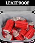 Open Insulated Picnic Backpack Lunch Box For Women And Men Portable Tote Lunch Bag Keeps Food Fresh, filled with ice and red cans.