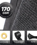 Close-up of Privacy Screen Fence Mesh 5ft by 50ft Black Heavy Duty Outdoor Covering highlighting 170 GSM fabric, grommet, and zip ties.