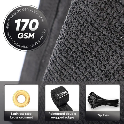 Close-up of Privacy Screen Fence Mesh 5ft by 50ft Black Heavy Duty Outdoor Covering highlighting 170 GSM fabric, grommet, and zip ties.