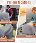 Top Shelf Two Pack Bench Grinder Covers Made From Soft Grey Cotton For Straight Up Dust Shield And Shop Ready Protection Featuring A No Sweat Universal Fit Sized At 14.5 By 14.5 By 10 Inches, shown in various workspaces.