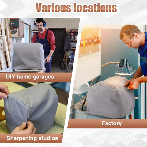 Top Shelf Two Pack Bench Grinder Covers Made From Soft Grey Cotton For Straight Up Dust Shield And Shop Ready Protection Featuring A No Sweat Universal Fit Sized At 14.5 By 14.5 By 10 Inches, shown in various workspaces.