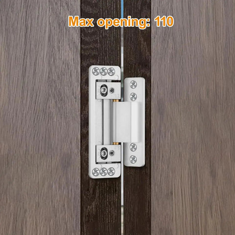 Heavy Duty Hidden Door Hinges 2 Pack With Matching Structural Screws Sleek Zinc Alloy Concealed Hardware Kits visible with max opening 110.