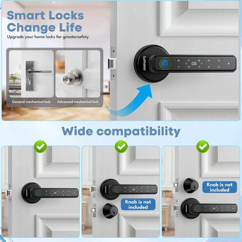 Smart Fingerprint Door Lock With Keyless Entry No Fuss And Multiple Unlock Methods Password Code Mechanical Key IC Card Auto Lock For Apartment Office Or Bedroom Black on door.