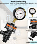 Manual pool filter air-relief valve with pressure gauge, front view, black plastic body, brass connector, includes O-rings