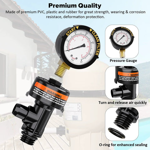 Manual pool filter air-relief valve with pressure gauge, front view, black plastic body, brass connector, includes O-rings