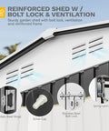 Close-up of 10 By 10 Ft Outdoor Metal Storage Shed With Windows Waterproof Build, showing lockable doors and ventilation in gray and white.