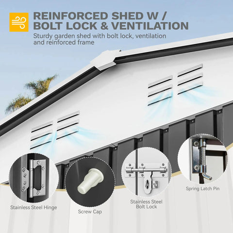 Close-up of 10 By 10 Ft Outdoor Metal Storage Shed With Windows Waterproof Build, showing lockable doors and ventilation in gray and white.
