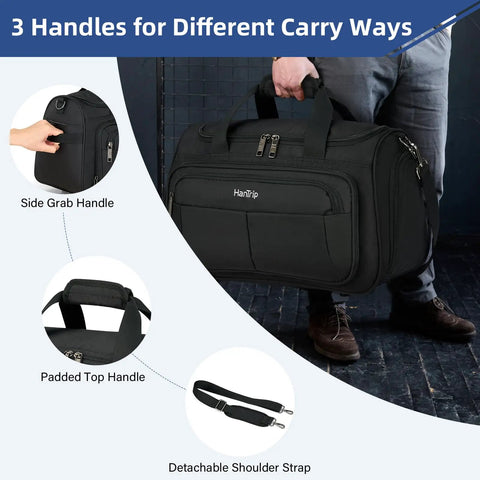 Under Seat Carry On Duffel Bag For Travel Lightweight Weekender Personal Item with handles and detachable strap, black.