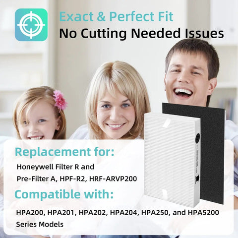 R Filter Replacement Kit With 2 HRF R2 HEPA Filters And 4 Activated Carbon Pre Filters next to happy family background.