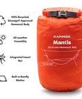 Mantis Ultralight Hammock With Mosquito Net And Storage Bag For All Seasons in Ember Orange with icons for features