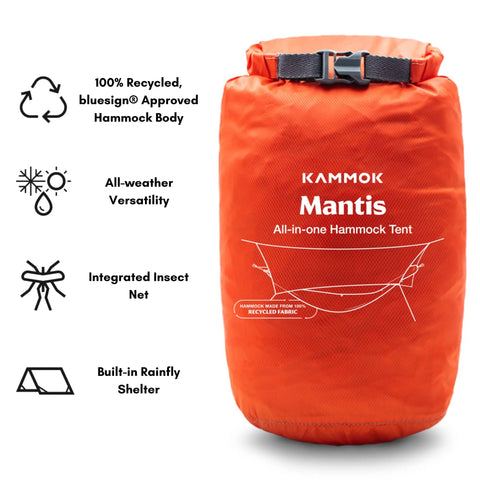 Mantis Ultralight Hammock With Mosquito Net And Storage Bag For All Seasons in Ember Orange with icons for features
