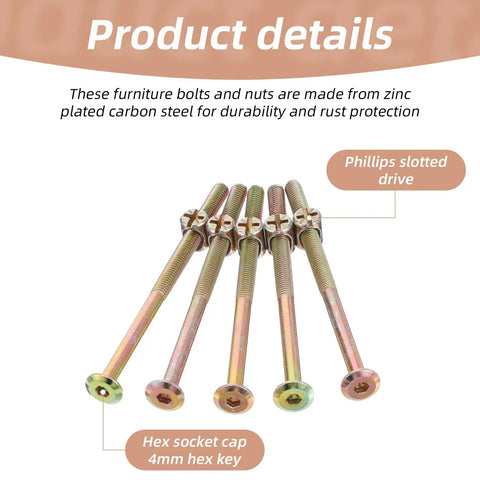 Heavy Duty M6 Bunk Bed Bolts 20 Pack 100 Millimeter Screw Connectors For Cribs Wooden Beds Cots Furniture Replacement Hardware Built Tough Real Deal Zero Worries Diy Fix Upgrade Kit, zinc plated carbon steel bolts with Phillips drive.
