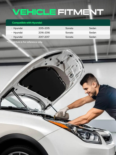 Mechanic wearing gloves replaces Set Of 2 Front Hood Lift Supports Struts Gas Spring Replacement For 2015 2016 2017 Sonata Sedan