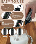 Close-up of Electric Handheld Milk Frother Wand With Stand in use, showing 3 speed controls for creamy foam in under 10 seconds