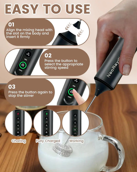 Close-up of Electric Handheld Milk Frother Wand With Stand in use, showing 3 speed controls for creamy foam in under 10 seconds