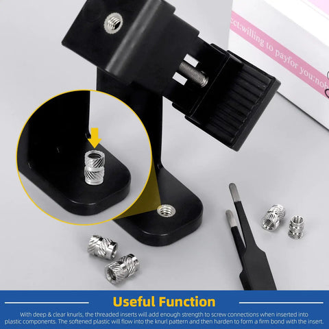 Heat Set Threaded Inserts Kit For 3D Printing M2 To M6 100 Pcs 303 Stainless Knurled Female Inserts For Plastic Parts And DIY Prototyping Durable Metal Threads For Strong Joints shown on a black base with installation tool.