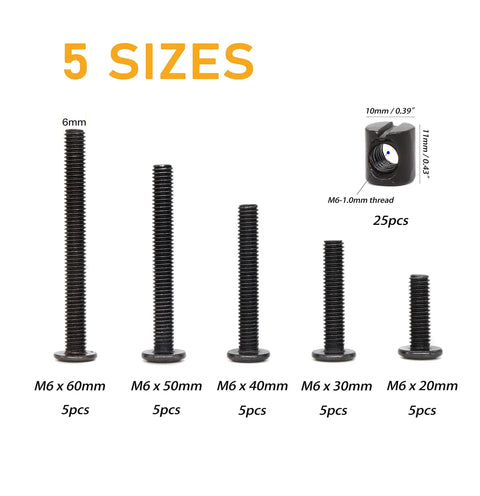 Built Different M6 Hex Socket Cap Bolts And Slotted Barrel Nuts Assortment Kit For Crib Cot Bed Furniture Hardware featuring five sizes of bolts.