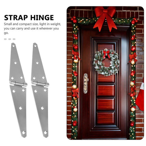 Heavy Duty Strap Hinge Pair For Wooden Doors And Rustic Barns Or Outdoor Sheds Slick Black Farm Gate Hardware Built Tough Rugged Steel Replacement Kit With No Sweat Install guaranteed to outlast worn out ones, displayed next to a festive door.