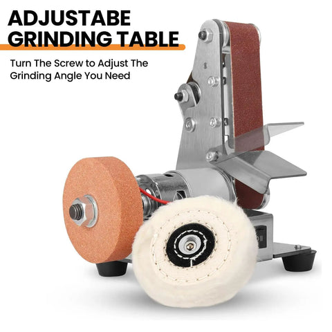 Badass Mini Belt Sander Bench Grinder Offering Seven Adjustable Speeds All Copper Motor Rust Resistant Body with adjustable grinding table.