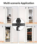Bi-Fold Barn Door Hardware Kit For Closet, 30 Inch Track System with Black Roller Guides in various room settings