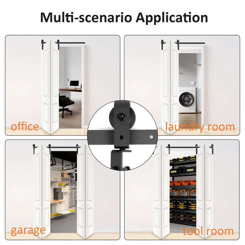 Bi-Fold Barn Door Hardware Kit For Closet, 30 Inch Track System with Black Roller Guides in various room settings