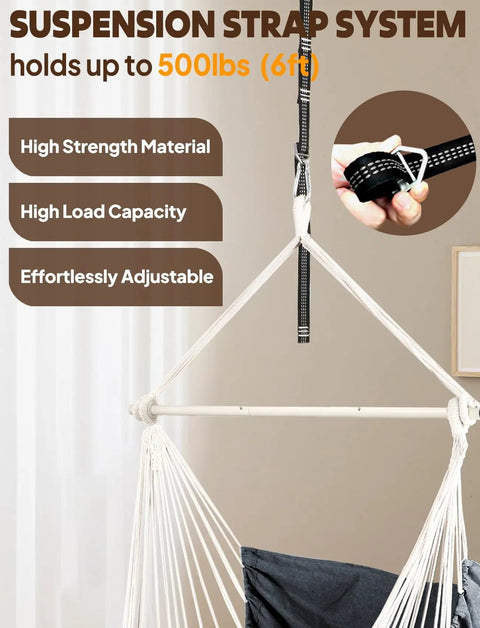 Hammock Chair Swing With Steel Spreader Bar Supports Up To 500 Lbs Two Cushions Included Portable Hanging Chair With Anti Slip Grooves