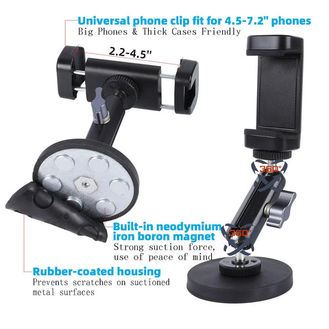 Magnetic Phone Holder Mount With 360 Degree Dual Ballhead And N52 Magnet Base, showing six magnets and adjustable phone clip.