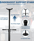 Underhoist support stand with adjustable height 51.18-74.8 inches, 0.75 ton capacity, featuring a 12-inch base.