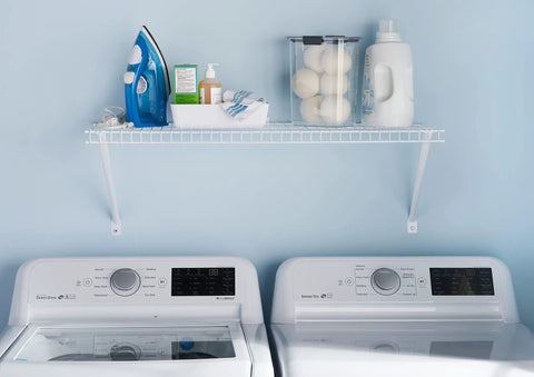Three Foot Wide Wire Wall Shelf System With Mounting Hardware White Space Saving Organizer above laundry appliances