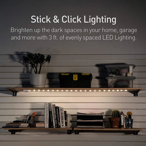 Luminoodle Under Cabinet Lighting LED Light Strip for Shelves and Kitchen Cabinets Warm White 2700K 3 Pack shown on shelves