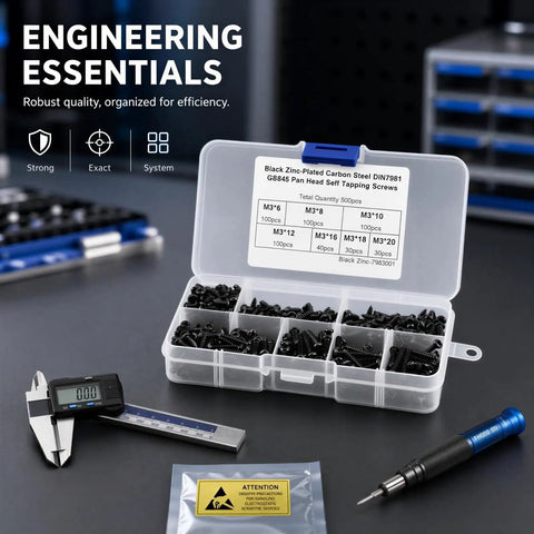 500 Piece M3 Self Tapping Screw Set With Phillips Drive Black Carbon Steel Sheet Metal Screws For Computer Repair Automotive And Home Appliances Seven Sizes From 0.24 To 0.79 In Must Have Kit, open storage box