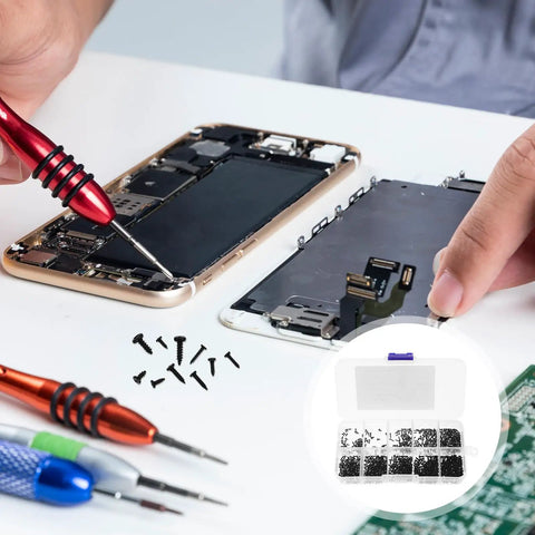 Person using 1000 Pieces Self Tapping Screws Set Round Head Small Screws for electronics repair with screwdrivers visible