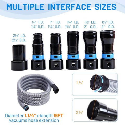 Sixteen Foot Vacuum Hose Extension Kit with Six Adapters, multiple interface sizes, ideal for home shop dust collection.
