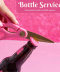 All Purpose Kitchen Shears 2 Piece Set With Premium Stainless Steel Blades And Soft Grip Handles In Pink For Cutting Meat Poultry Fish Pizza Cardboard String And Kitchen Packaging, bottle opener detail