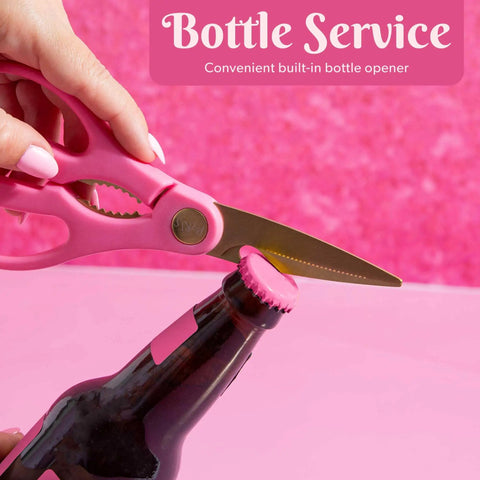 All Purpose Kitchen Shears 2 Piece Set With Premium Stainless Steel Blades And Soft Grip Handles In Pink For Cutting Meat Poultry Fish Pizza Cardboard String And Kitchen Packaging, bottle opener detail