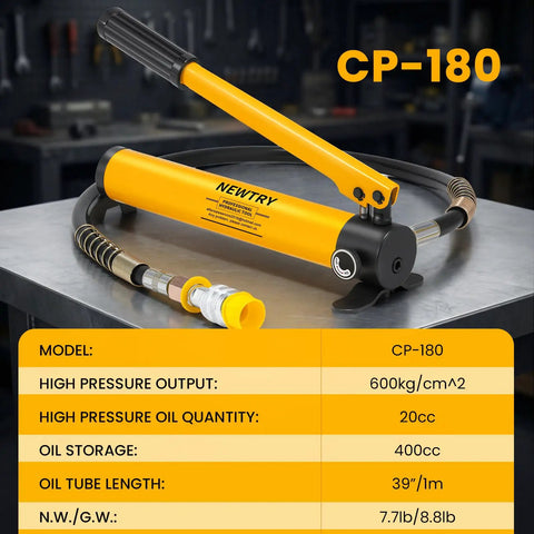 Close-up of CP-180 manual pump from 10 Ton Low Profile Hydraulic Jack Porta Power Kit, showing specifications and design details.