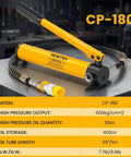 5 Ton Low Profile Hydraulic Jack Kit With CP-180 Manual Pump on table, hoses attached, specs displayed