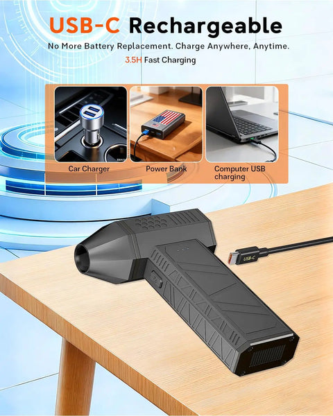 Beast Mode Powerful Cordless Air Duster With 180000 RPM Turbo Fan charging on table, USB-C cable connected