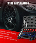33Pc Bearing Race And Seal Driver Set With Metric And SAE Adapters 3 Knurled Handles Bushing Driver Kit next to car tire