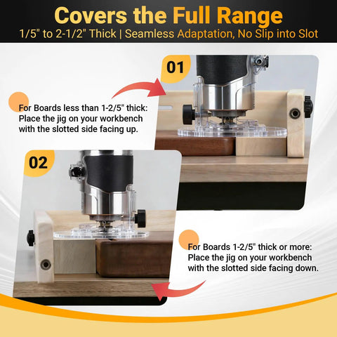Image showing Slick Adjustable Juice Groove Router Jig For Cutting Boards Up To 30 X 23 Inches setup for various board thicknesses.