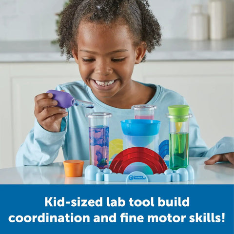 Child using Rainbow Reactions 14 Piece Preschool Science Lab Kit For Kids Age Four And Up With Color Mixing Experiments And Hands On Colorful STEM Activities For Boys And Girls