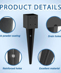 Heavy Duty Fence Post Anchor Ground Spike 24 Inch Metal Post Base Fits 3.6 by 3.6 Inch Black Powder Coated Detail View