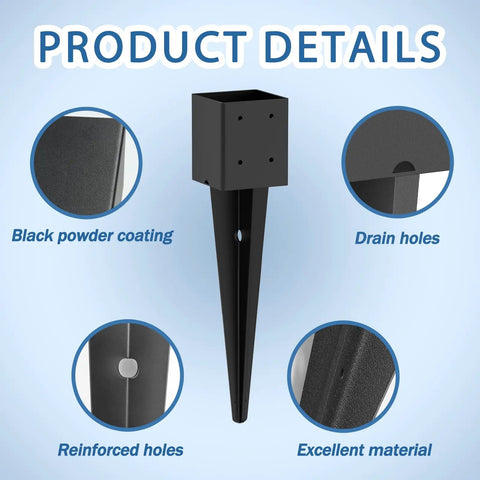 Heavy Duty Fence Post Anchor Ground Spike 24 Inch Metal Post Base Fits 3.6 by 3.6 Inch Black Powder Coated Detail View