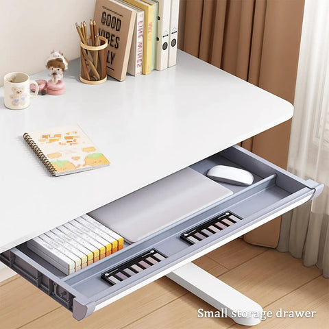 A detailed view of the small storage drawer in the Badass Height Adjustable Standing Desk With Manual Crank Drawer.