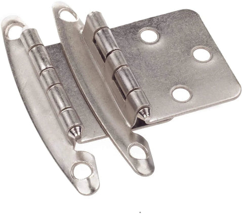 Satin Nickel Cabinet Hinges For 25 Cabinets Pack Fifty Hinges Non Self Closing Free Swinging Variable Overlay Flush Mount Semi Concealed Steel Construction Two And One Eighth Inch Center To Center Screw Hole DecoBasics showing front view
