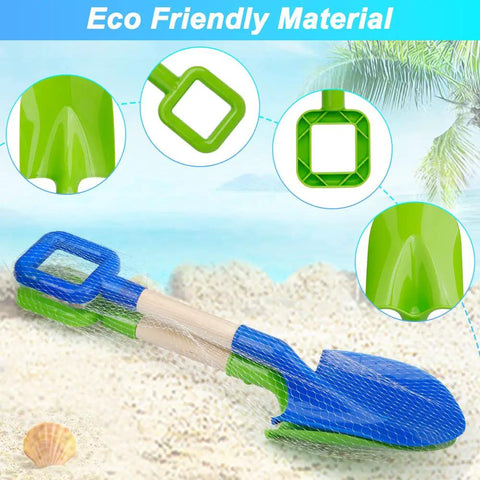 Beast Beach Sand Shovels For Kids And Adults, 16 Inch Wooden-Handled Spades in blue and green, durable plastic for sandcastles