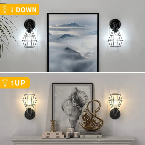 Industrial Wire Cage Wall Sconce Two Pack Vintage Farmhouse Lighting above art and decor in living room setting.